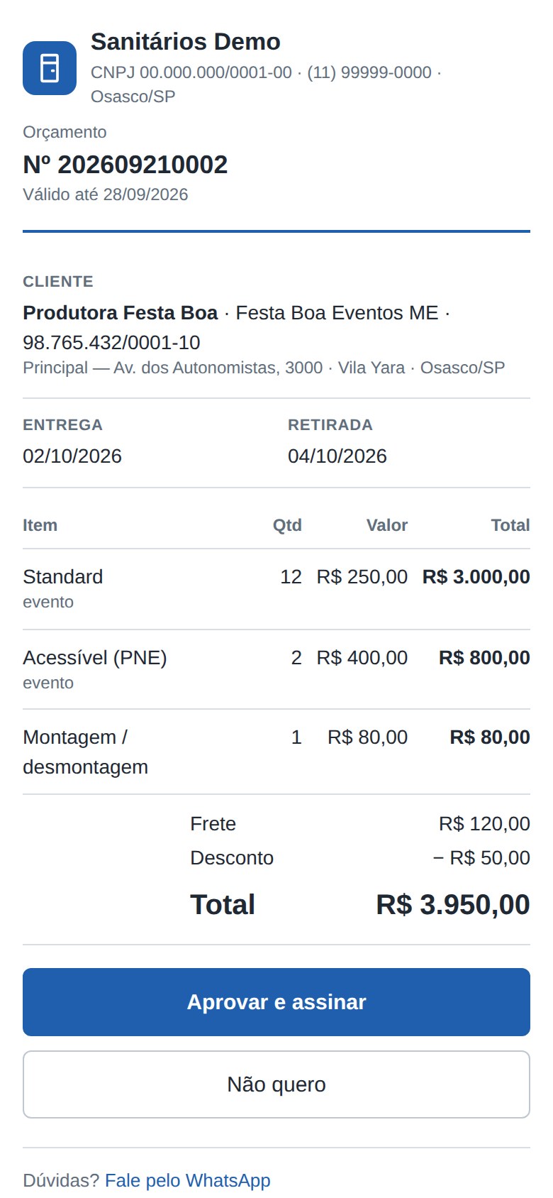 Orçamento aberto no celular do cliente com botão Aprovar e assinar